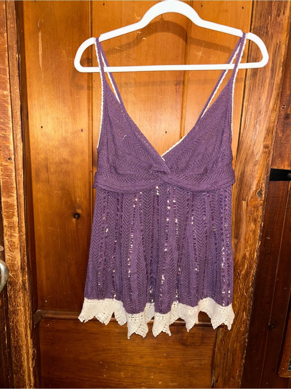 Vintage Boho Purple Crochet Knit Sequined Cami with White Lace Trim